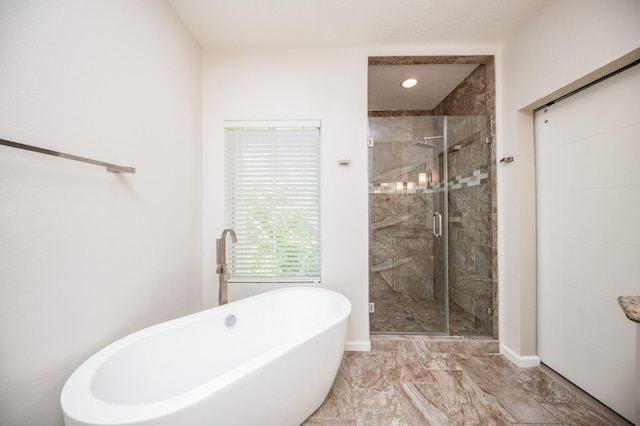 4311 Childress St, Houston, TX 77005 - full bath featuring marble look tiles, a soaking tub, a shower stall, baseboards, and recessed lighting