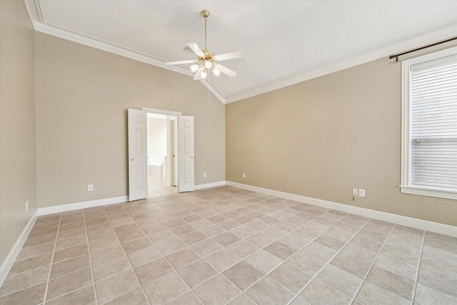 1214 Turnbury Oak Ln, Houston, TX 77055 - unfurnished room featuring ornamental molding, ceiling fan, light tile patterned floors, vaulted ceiling, and baseboards