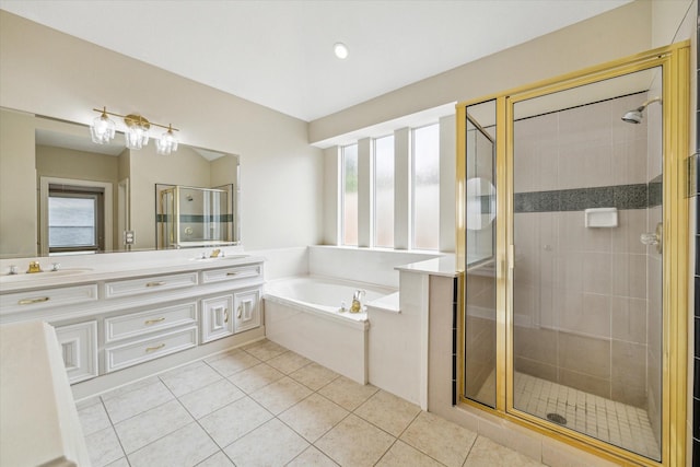 1214 Turnbury Oak Ln, Houston, TX 77055 - full bath featuring double vanity, a garden tub, a shower stall, and tile patterned floors
