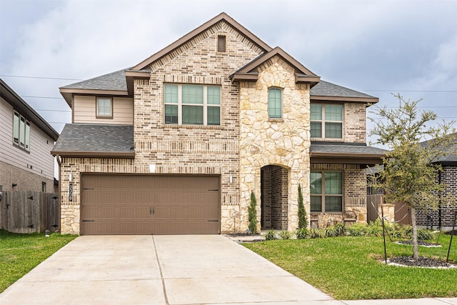 3330 Black Gore Creek Dr, Katy, TX 77494 - french country home with concrete driveway, stone siding, an attached garage, roof with shingles, and brick siding