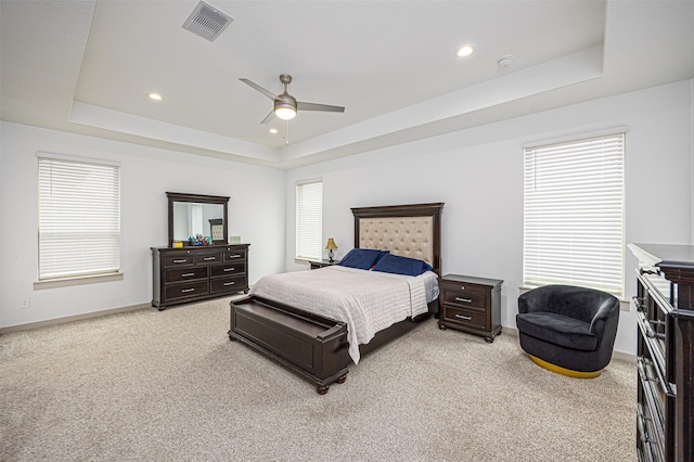 3330 Black Gore Creek Dr, Katy, TX 77494 - bedroom featuring a raised ceiling, light carpet, baseboards, recessed lighting, and ceiling fan