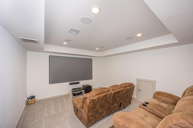 3330 Black Gore Creek Dr, Katy, TX 77494 - home theater featuring a tray ceiling, light colored carpet, baseboards, and recessed lighting