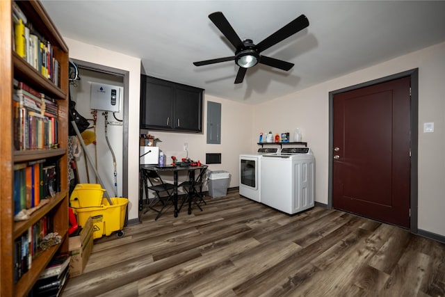 1933 Fm 1272, Grapeland, TX 75844 - laundry room featuring separate washer and dryer, electric panel, dark wood-style floors, and a ceiling fan