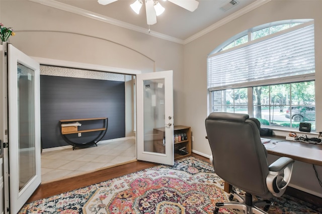 12202 Salt River Valley Ln, Humble, TX 77346 - office with french doors, wood finished floors, ceiling fan, ornamental molding, and baseboards
