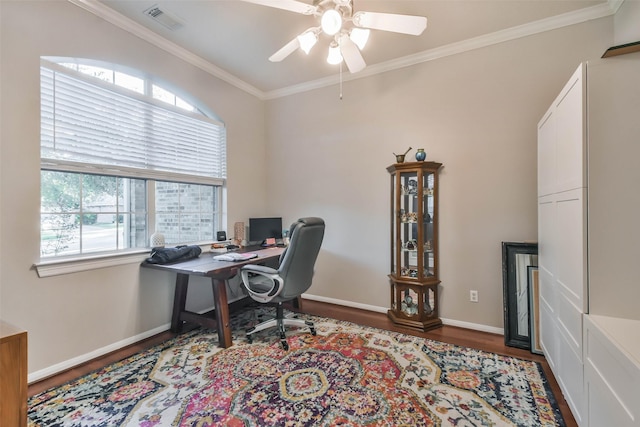 12202 Salt River Valley Ln, Humble, TX 77346 - office featuring wood finished floors, a ceiling fan, ornamental molding, and baseboards