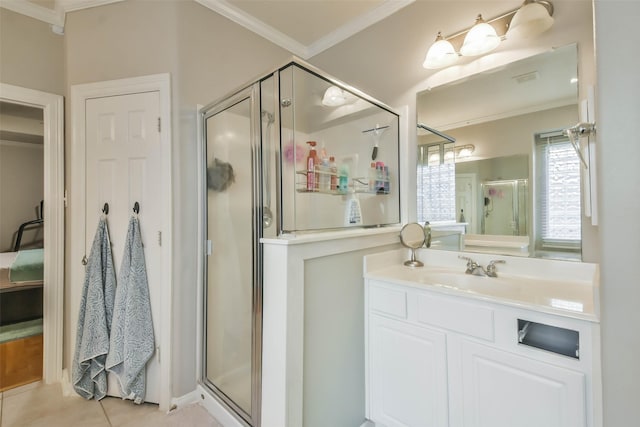 12202 Salt River Valley Ln, Humble, TX 77346 - full bath with ornamental molding, a shower stall, vanity, and tile patterned flooring