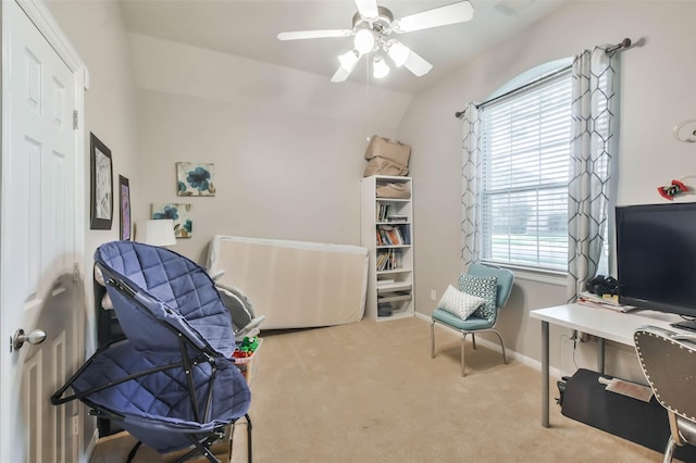 12202 Salt River Valley Ln, Humble, TX 77346 - living area with ceiling fan, carpet flooring, vaulted ceiling, and baseboards