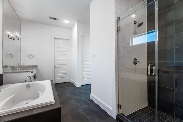 11502 Royal Tower Pl, Houston, TX 77082 - bathroom with a shower stall, a whirlpool tub, vanity, and tile patterned floors