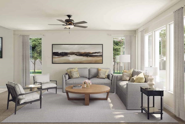 21618 White Bellflower Ln, Cypress, TX 77433 - living room with a ceiling fan, baseboards, and carpet flooring