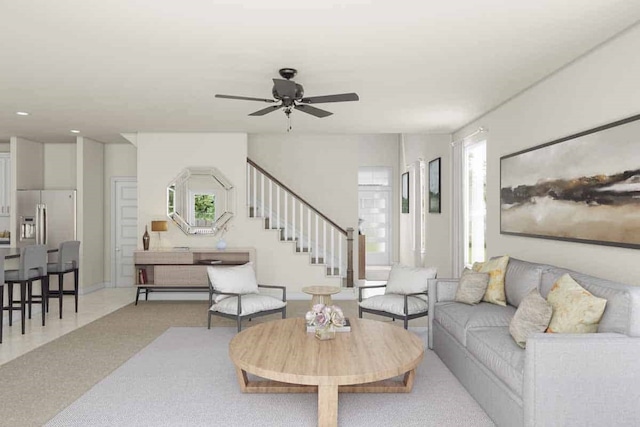 21618 White Bellflower Ln, Cypress, TX 77433 - living room featuring stairway and a ceiling fan
