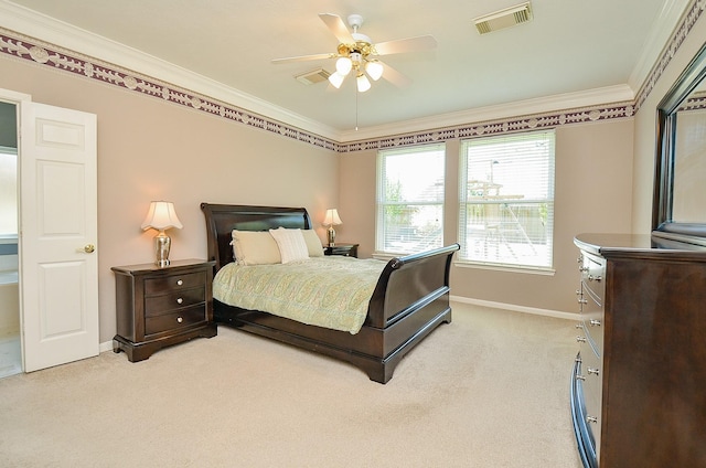 4134 Foxbrush Ln, Sugar Land, TX 77479 - bedroom with light carpet, baseboards, ornamental molding, and ceiling fan