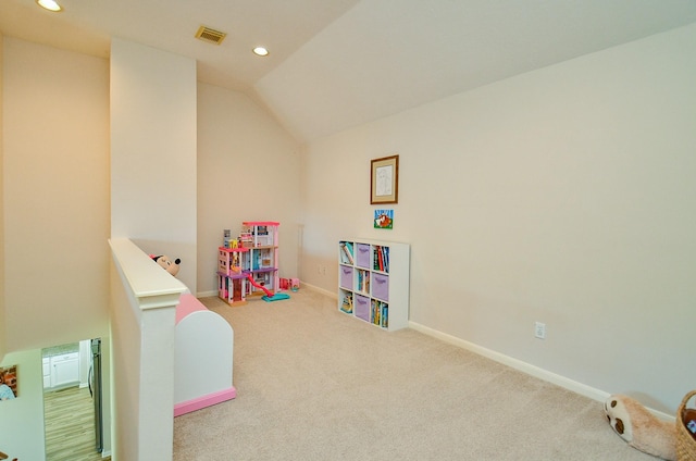 4134 Foxbrush Ln, Sugar Land, TX 77479 - playroom featuring carpet floors, recessed lighting, lofted ceiling, and baseboards