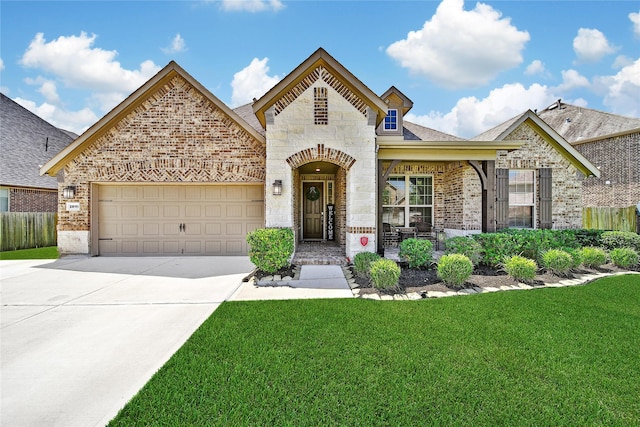 28111 Middlewater View Ln, Katy, TX 77494 - french country inspired facade with brick siding, driveway, an attached garage, roof with shingles, and a porch