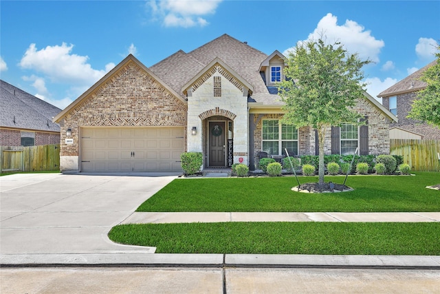 28111 Middlewater View Ln, Katy, TX 77494 - french provincial home with driveway, stone siding, a garage, brick siding, and a shingled roof