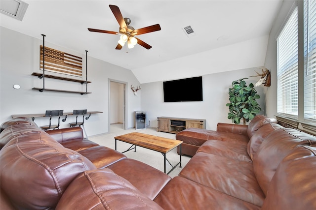 28111 Middlewater View Ln, Katy, TX 77494 - living room featuring a ceiling fan, carpet, lofted ceiling, and healthy amount of natural light