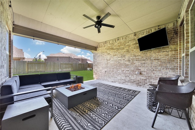 28111 Middlewater View Ln, Katy, TX 77494 - fenced backyard featuring an outdoor living space with a fire pit, a ceiling fan, and a patio