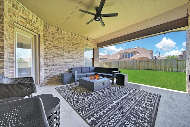 28111 Middlewater View Ln, Katy, TX 77494 - view of patio with ceiling fan and an outdoor living space with a fire pit
