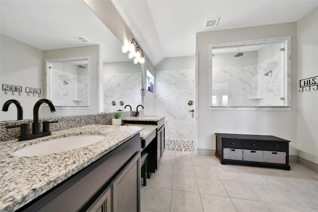 28111 Middlewater View Ln, Katy, TX 77494 - full bathroom with two vanities, walk in shower, tile patterned floors, and baseboards