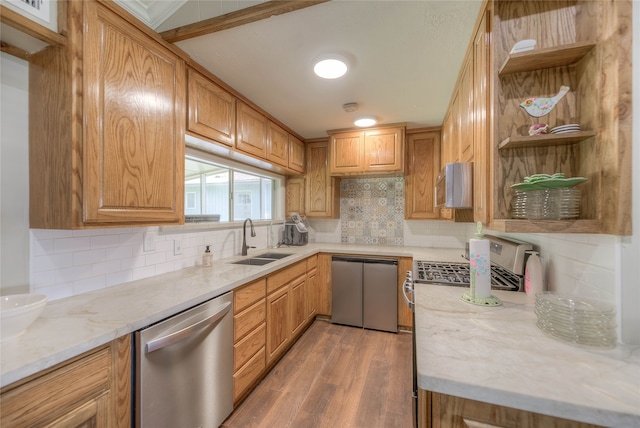 517 Lakeview Hbr, Onalaska, TX 77360 - kitchen featuring dishwasher, a sink, open shelves, wood finished floors, and tasteful backsplash