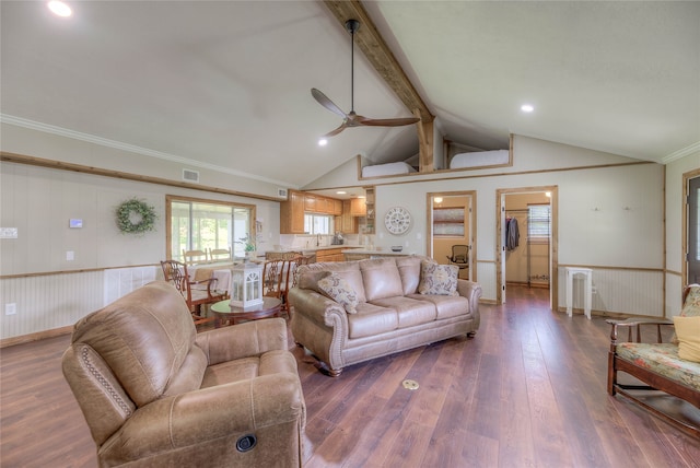 517 Lakeview Hbr, Onalaska, TX 77360 - living room featuring ceiling fan, dark wood-style floors, ornamental molding, and recessed lighting