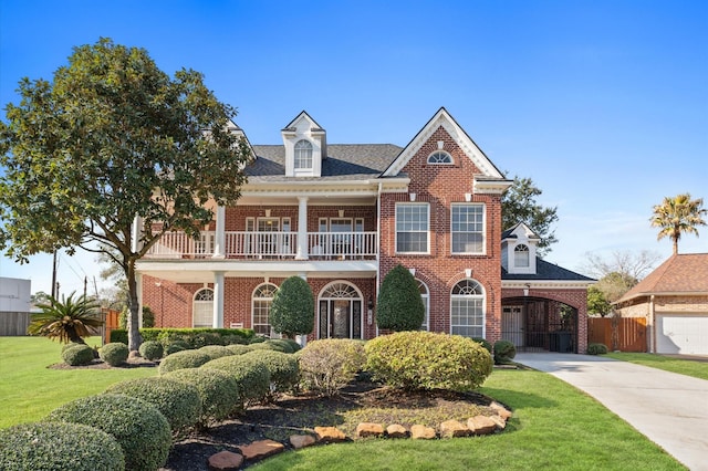 18226 Ennsbury Dr, Houston, TX 77084 - colonial home with brick siding, a balcony, and driveway