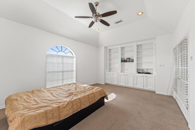 18226 Ennsbury Dr, Houston, TX 77084 - bedroom with carpet, baseboards, lofted ceiling, recessed lighting, and ceiling fan