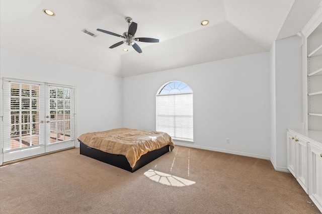 18226 Ennsbury Dr, Houston, TX 77084 - carpeted bedroom with access to outside, lofted ceiling, recessed lighting, and a ceiling fan