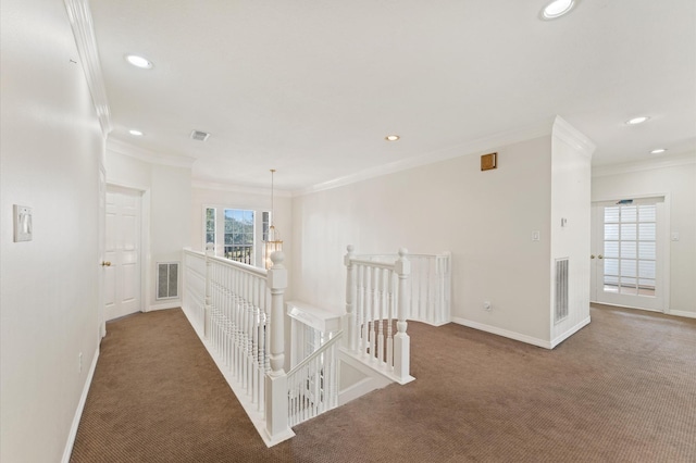 18226 Ennsbury Dr, Houston, TX 77084 - hallway with an upstairs landing, carpet flooring, crown molding, recessed lighting, and baseboards