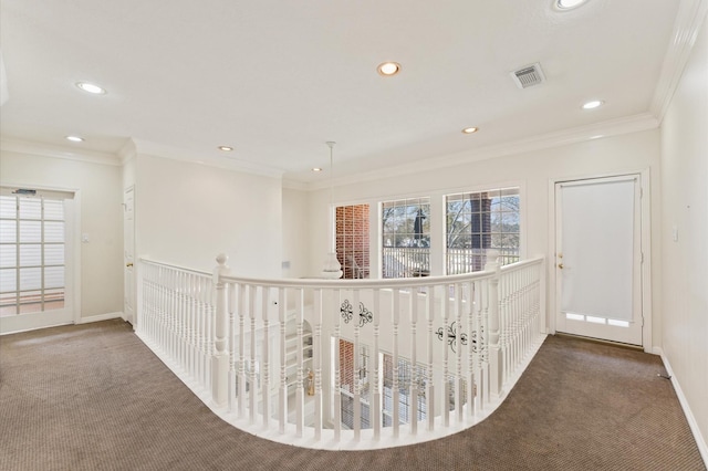 18226 Ennsbury Dr, Houston, TX 77084 - hallway featuring carpet, recessed lighting, baseboards, and crown molding