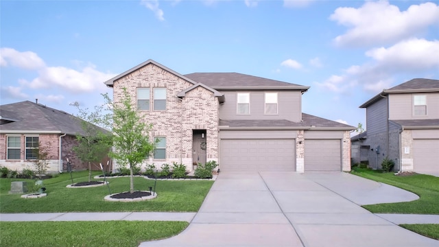21386 Owl Rd, New Caney, TX 77357 - traditional home with an attached garage, concrete driveway, a front lawn, and brick siding