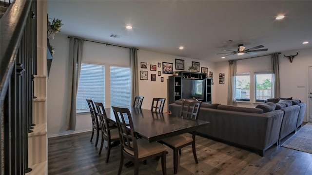 21386 Owl Rd, New Caney, TX 77357 - dining area featuring wood finished floors, recessed lighting, and ceiling fan