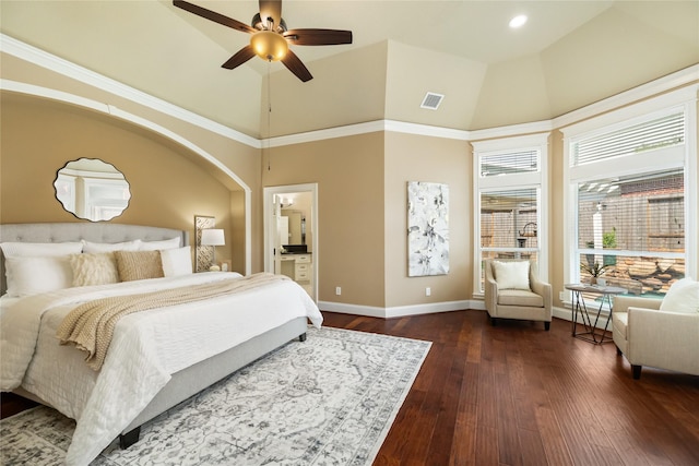 5811 Cimmaron Creek Ct, Spring, TX 77379 - bedroom featuring a towering ceiling, baseboards, dark wood finished floors, recessed lighting, and ensuite bath
