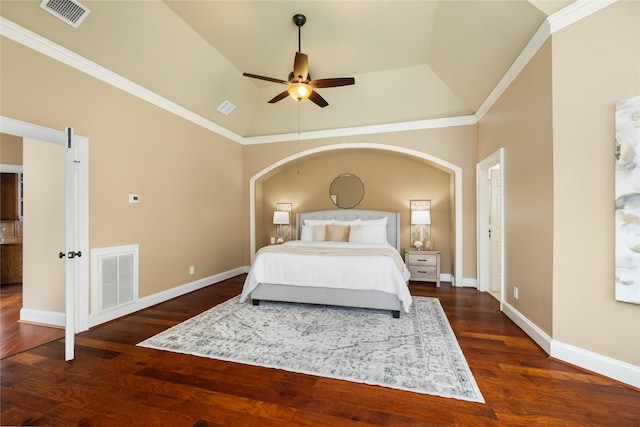 5811 Cimmaron Creek Ct, Spring, TX 77379 - bedroom with wood finished floors, baseboards, ornamental molding, vaulted ceiling, and a ceiling fan