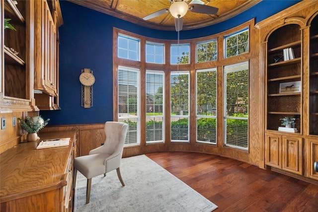 5811 Cimmaron Creek Ct, Spring, TX 77379 - office with a ceiling fan, crown molding, dark wood-style floors, and built in shelves