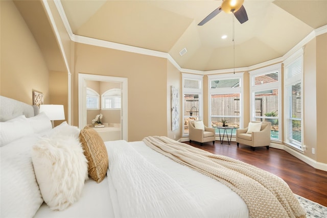 5811 Cimmaron Creek Ct, Spring, TX 77379 - bedroom featuring dark wood-style floors, vaulted ceiling, crown molding, ensuite bath, and a ceiling fan