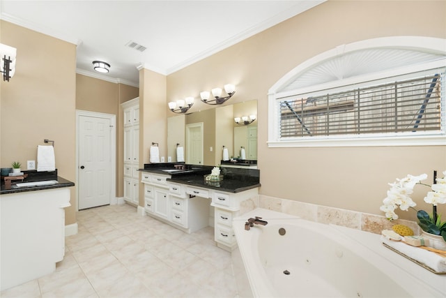 5811 Cimmaron Creek Ct, Spring, TX 77379 - bathroom with a whirlpool tub, vanity, crown molding, a chandelier, and tile patterned flooring