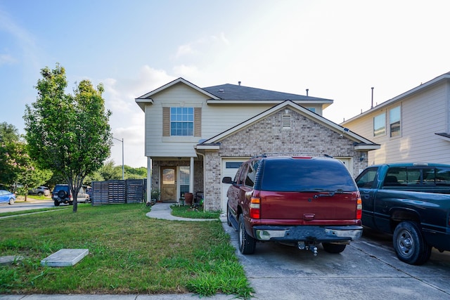 8000 Tee Dr, Austin, TX 78747 - view of front of home featuring brick siding, driveway, a garage, and a front lawn