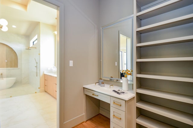 20218 Tealpointe Ridge Ln, Tomball, TX 77377 - full bathroom with vanity, a walk in shower, and a freestanding bath