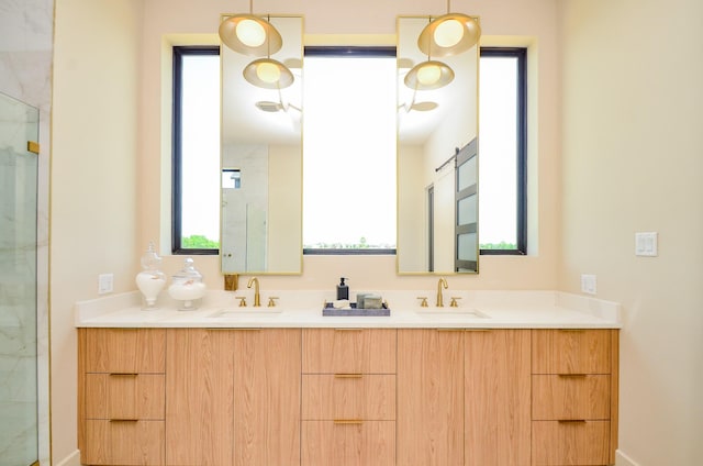 20218 Tealpointe Ridge Ln, Tomball, TX 77377 - bathroom with double vanity, healthy amount of natural light, and a marble finish shower