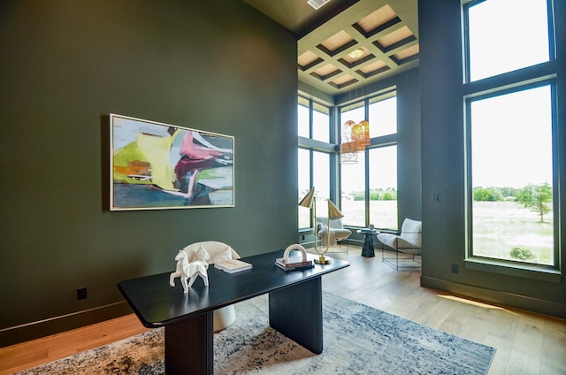 20218 Tealpointe Ridge Ln, Tomball, TX 77377 - office area with coffered ceiling, wood finished floors, a high ceiling, and beamed ceiling