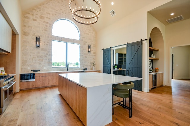 20218 Tealpointe Ridge Ln, Tomball, TX 77377 - kitchen featuring high vaulted ceiling, modern cabinets, double oven range, a barn door, and light wood-style flooring