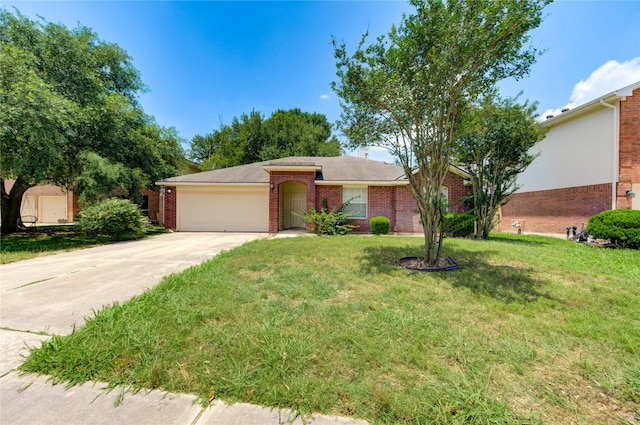 19814 Lindenfield Pl, Katy, TX 77449 - ranch-style house featuring concrete driveway, a garage, a front yard, and brick siding