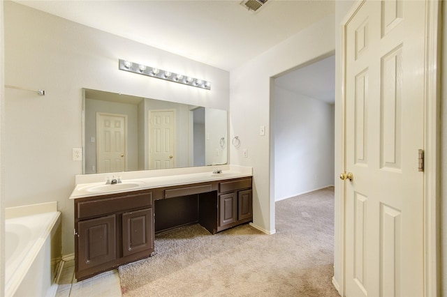 19814 Lindenfield Pl, Katy, TX 77449 - full bathroom with double vanity, carpet, a garden tub, and baseboards