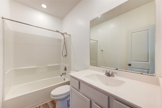 22619 Malvicino Dr, New Caney, TX 77357 - bathroom featuring toilet, shower / tub combination, vanity, and wood finished floors