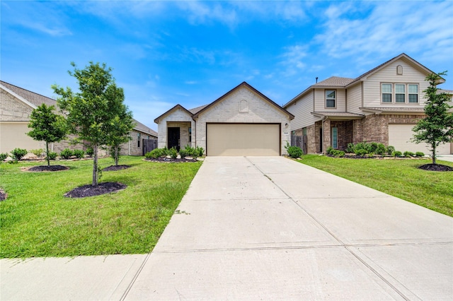 22619 Malvicino Dr, New Caney, TX 77357 - view of front of property with brick siding, concrete driveway, an attached garage, and a front yard