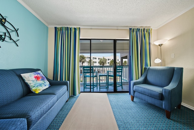 6102 Seawall Blvd Unit 175, Galveston, TX 77551 - carpeted living area featuring crown molding and a textured ceiling