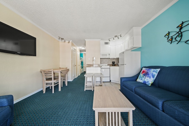6102 Seawall Blvd Unit 175, Galveston, TX 77551 - living area with a textured ceiling, light carpet, track lighting, ornamental molding, and baseboards