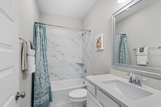 962 Ford Pines Ln, Houston, TX 77091 - bathroom with vanity, marble look tiles, shower / bathtub combination with curtain, and toilet
