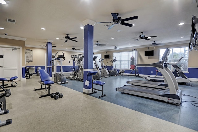 1711 Old Spanish Trl Unit 438, Houston, TX 77054 - gym with crown molding, ceiling fan, recessed lighting, baseboards, and ornate columns