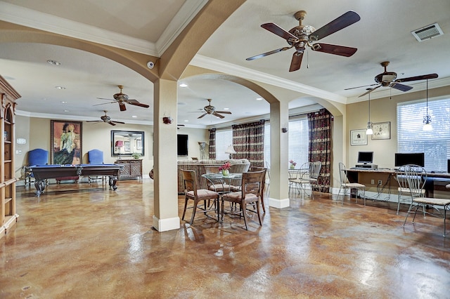 1711 Old Spanish Trl Unit 438, Houston, TX 77054 - dining space featuring concrete floors, arched walkways, pool table, an office area, and crown molding